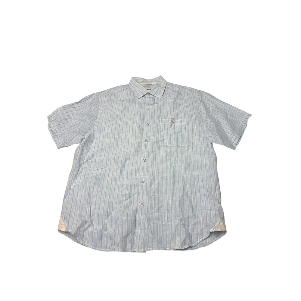 Tommy Bahama Mens Medium Blue White Striped Linen Tencel Short Sleeve Shirt